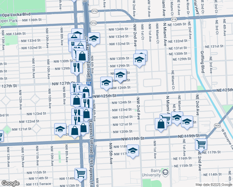 map of restaurants, bars, coffee shops, grocery stores, and more near 12550 Northwest 4th Avenue in North Miami
