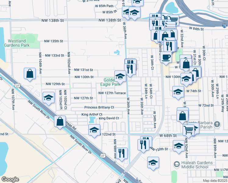 map of restaurants, bars, coffee shops, grocery stores, and more near 9769 Northwest 127th Terrace in Hialeah Gardens