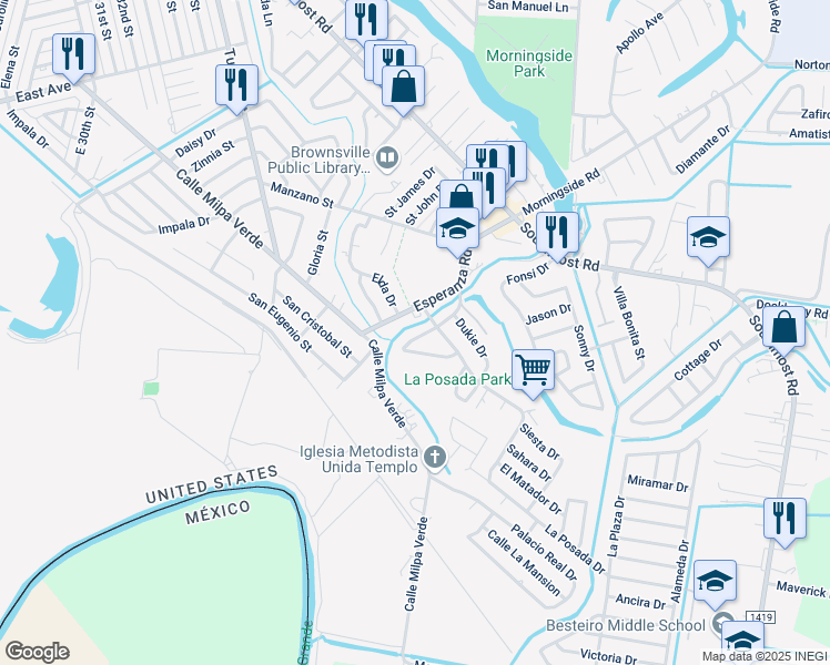 map of restaurants, bars, coffee shops, grocery stores, and more near 605 Esperanza Road in Brownsville