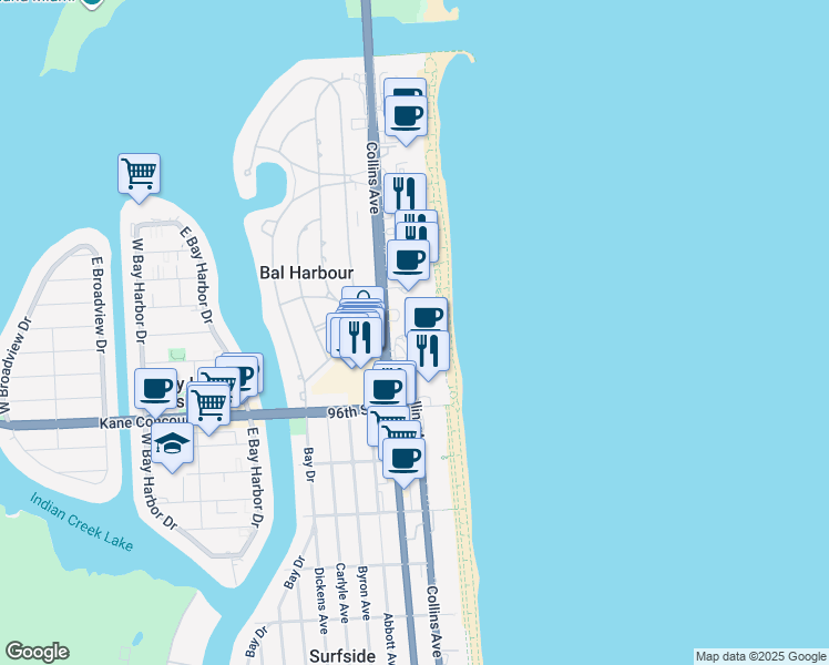 map of restaurants, bars, coffee shops, grocery stores, and more near 9701 Collins Avenue in Bal Harbour