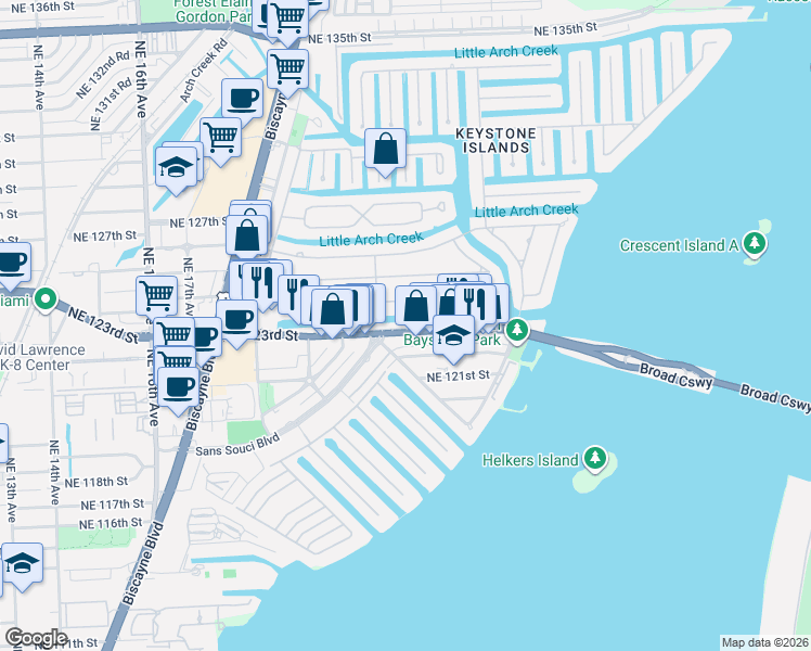 map of restaurants, bars, coffee shops, grocery stores, and more near 2155 Northeast 123rd Street in North Miami
