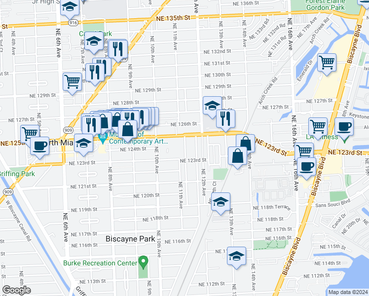 map of restaurants, bars, coffee shops, grocery stores, and more near 12410 Northeast 11th Court in North Miami