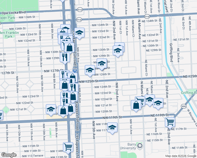 map of restaurants, bars, coffee shops, grocery stores, and more near 12550 Northwest 4th Avenue in North Miami