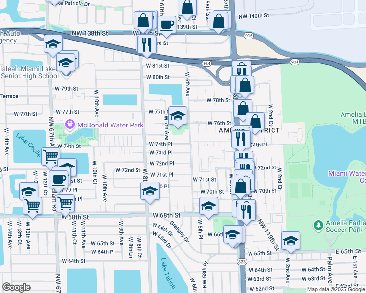 map of restaurants, bars, coffee shops, grocery stores, and more near 640 West 74th Place in Hialeah