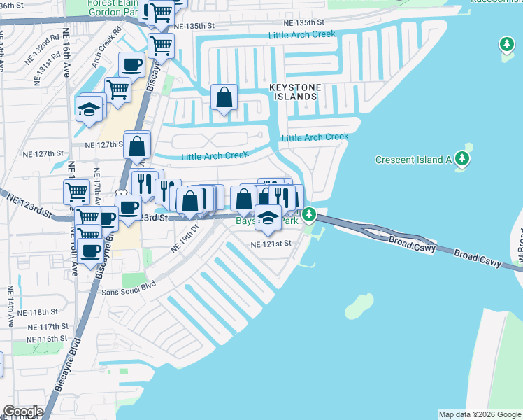 map of restaurants, bars, coffee shops, grocery stores, and more near 2203 Northeast 123rd Street in North Miami