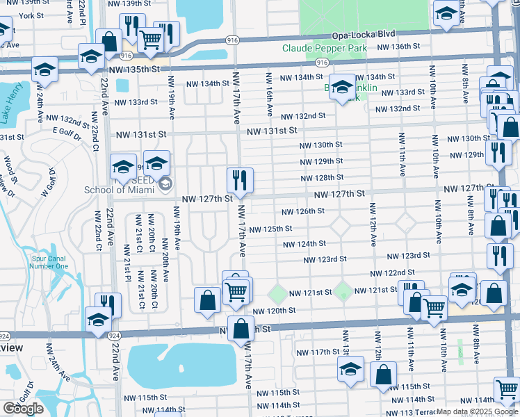 map of restaurants, bars, coffee shops, grocery stores, and more near 1650 Northwest 127th Street in North Miami