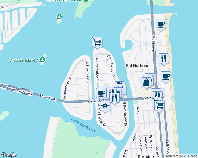 map of restaurants, bars, coffee shops, grocery stores, and more near 1175 99th Street in Bay Harbor Islands
