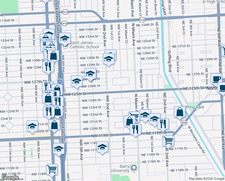 map of restaurants, bars, coffee shops, grocery stores, and more near 165 Florida 922 in North Miami