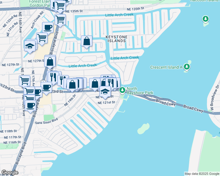 map of restaurants, bars, coffee shops, grocery stores, and more near 2203 Northeast 123rd Street in North Miami