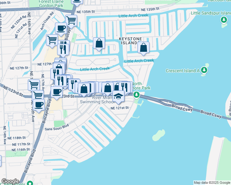 map of restaurants, bars, coffee shops, grocery stores, and more near 2203 Northeast 123rd Street in North Miami