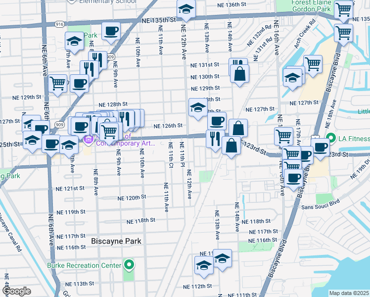 map of restaurants, bars, coffee shops, grocery stores, and more near in North Miami
