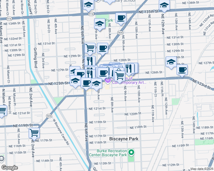 map of restaurants, bars, coffee shops, grocery stores, and more near in North Miami