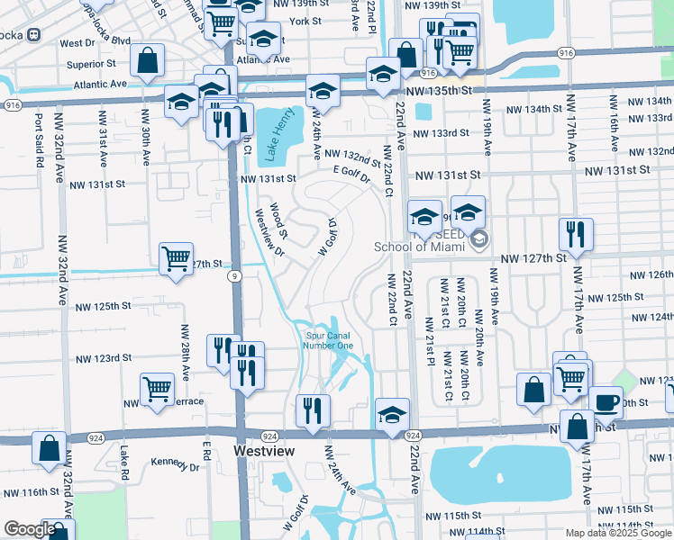 map of restaurants, bars, coffee shops, grocery stores, and more near 12601 East Golf Drive in Miami