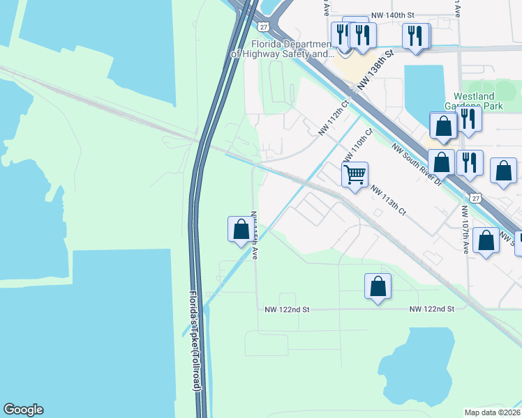 map of restaurants, bars, coffee shops, grocery stores, and more near 12601 Northwest 115th Avenue in Medley
