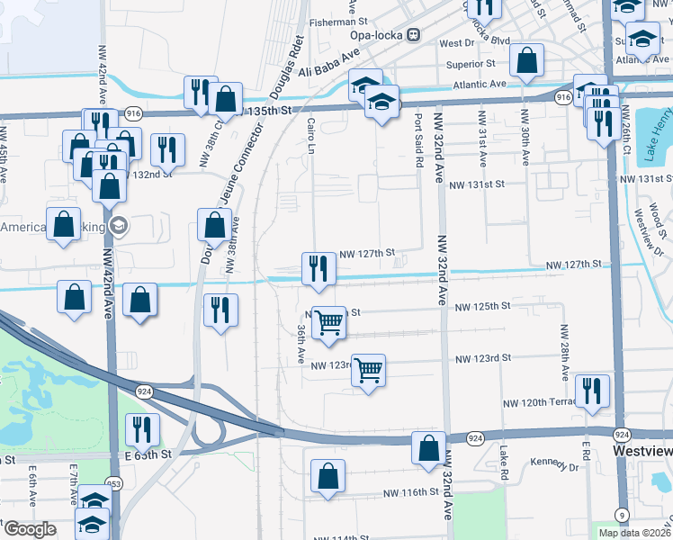 map of restaurants, bars, coffee shops, grocery stores, and more near 12705 Cairo Lane in Opa-locka