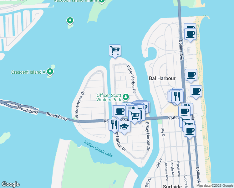map of restaurants, bars, coffee shops, grocery stores, and more near 1175 99th Street in Bay Harbor Islands