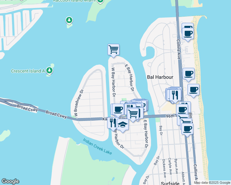 map of restaurants, bars, coffee shops, grocery stores, and more near 1175 99th Street in Bay Harbor Islands