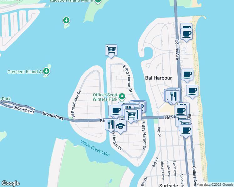 map of restaurants, bars, coffee shops, grocery stores, and more near 1175 99th Street in Bay Harbor Islands