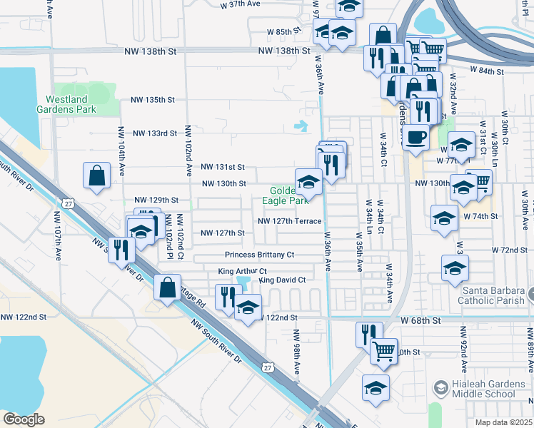 map of restaurants, bars, coffee shops, grocery stores, and more near 9842 Northwest 128th Lane in Hialeah Gardens