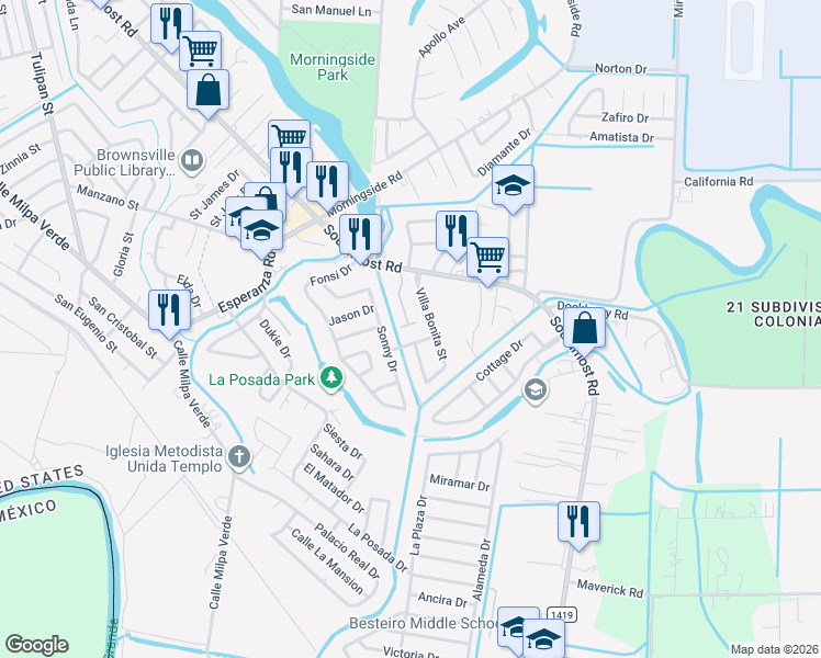 map of restaurants, bars, coffee shops, grocery stores, and more near 5110 Villa Bonita Street in Brownsville