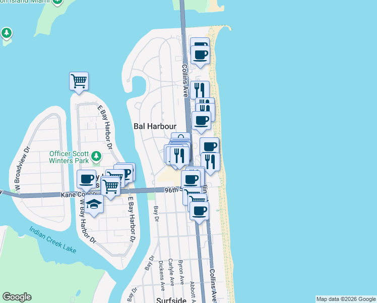 map of restaurants, bars, coffee shops, grocery stores, and more near 10170 Collins Avenue in Bal Harbour