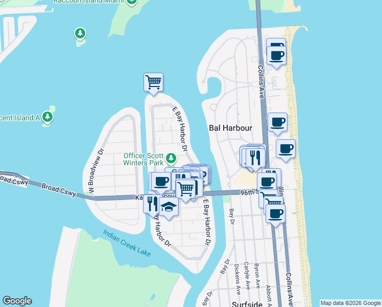 map of restaurants, bars, coffee shops, grocery stores, and more near 9901 East Bay Harbor Drive in Bay Harbor Islands