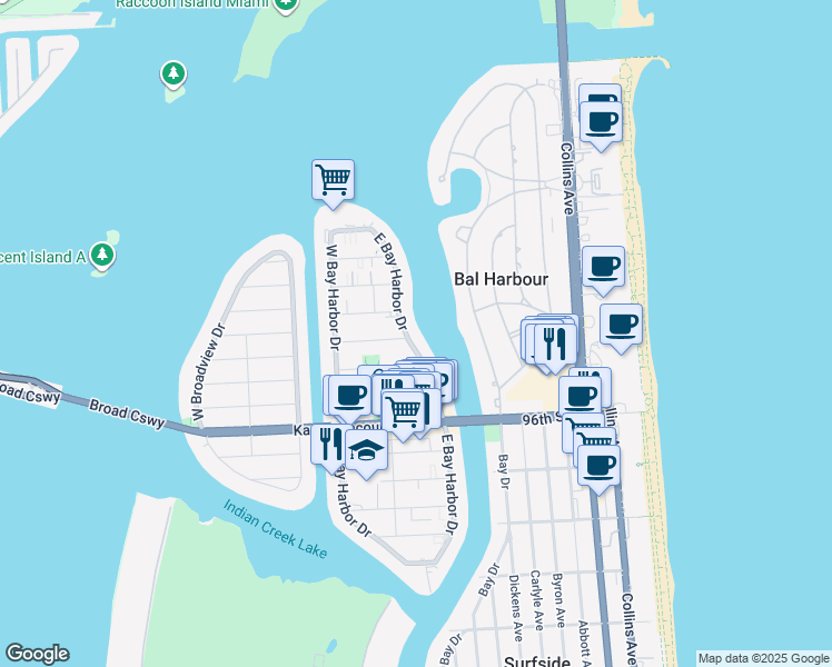 map of restaurants, bars, coffee shops, grocery stores, and more near 9901 East Bay Harbor Drive in Bay Harbor Islands
