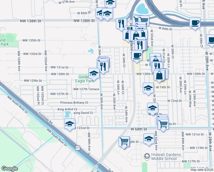 map of restaurants, bars, coffee shops, grocery stores, and more near 3545 West 74th Street in Hialeah