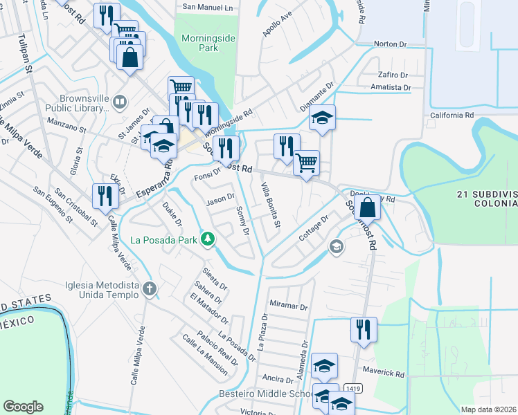 map of restaurants, bars, coffee shops, grocery stores, and more near 5110 Villa Bonita Street in Brownsville