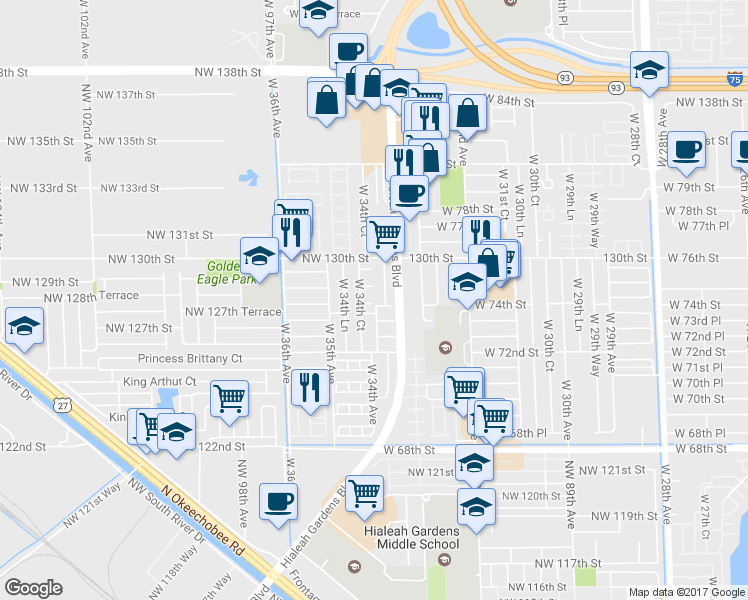 map of restaurants, bars, coffee shops, grocery stores, and more near 3401 West 74th Street in Hialeah