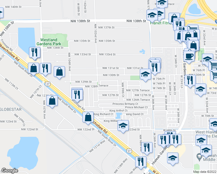 map of restaurants, bars, coffee shops, grocery stores, and more near 10062 Northwest 128th Terrace in Hialeah Gardens