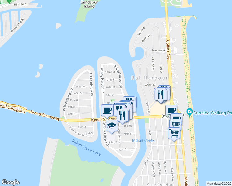 map of restaurants, bars, coffee shops, grocery stores, and more near 1085 99th Street in Bay Harbor Islands
