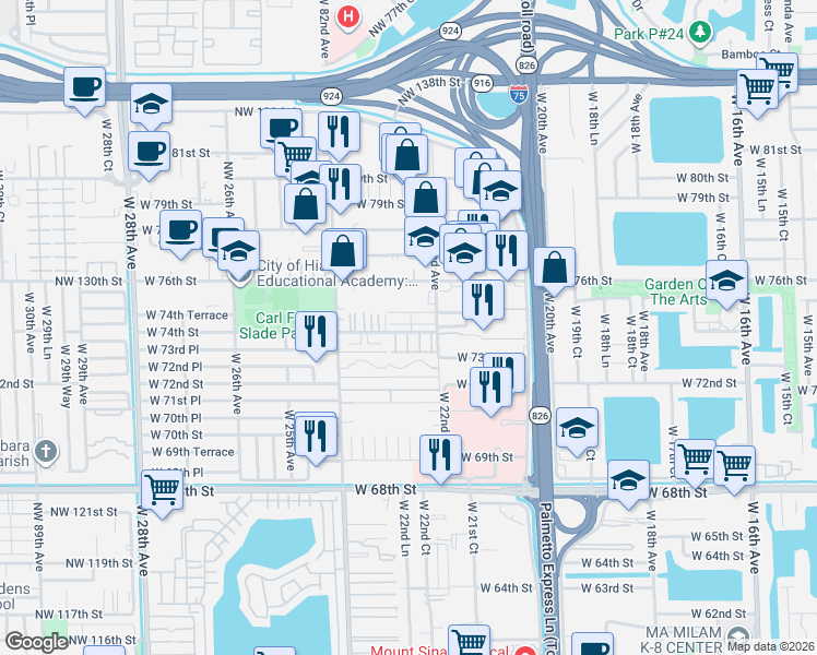 map of restaurants, bars, coffee shops, grocery stores, and more near 2292 West 74th Place in Hialeah