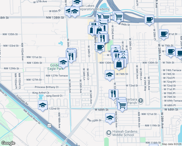 map of restaurants, bars, coffee shops, grocery stores, and more near 3401 West 74th Street in Hialeah