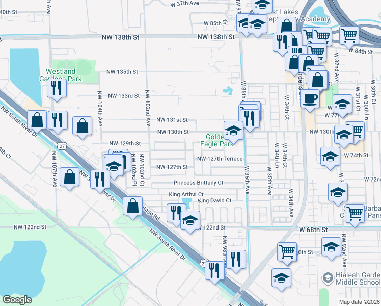 map of restaurants, bars, coffee shops, grocery stores, and more near 12797 Northwest 99th Place in Hialeah Gardens