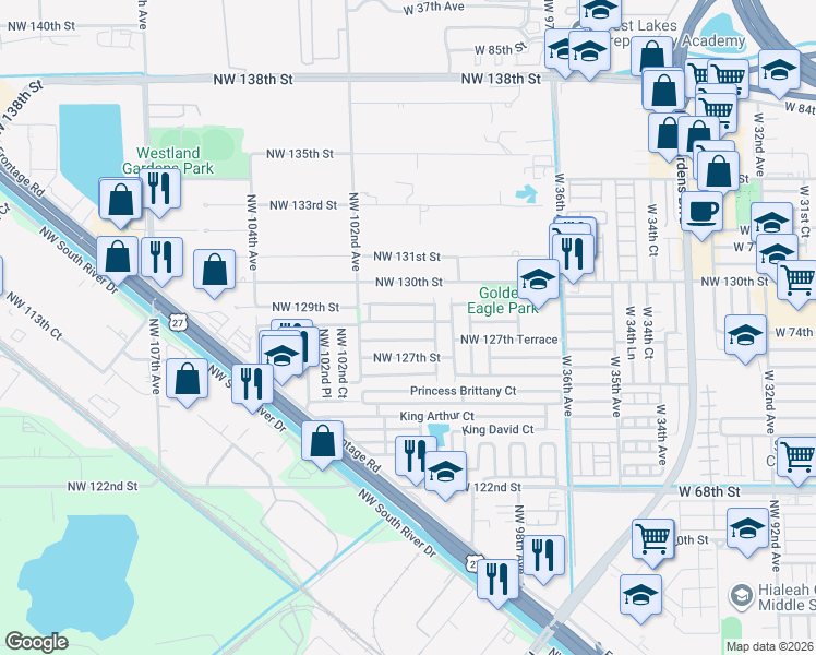 map of restaurants, bars, coffee shops, grocery stores, and more near 10062 Northwest 128th Terrace in Hialeah Gardens