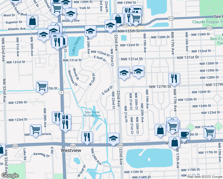 map of restaurants, bars, coffee shops, grocery stores, and more near 12651 East Golf Drive in Miami