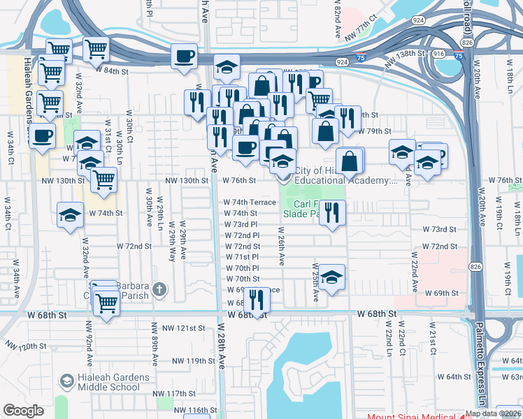 map of restaurants, bars, coffee shops, grocery stores, and more near 2655 West 74th Street in Hialeah