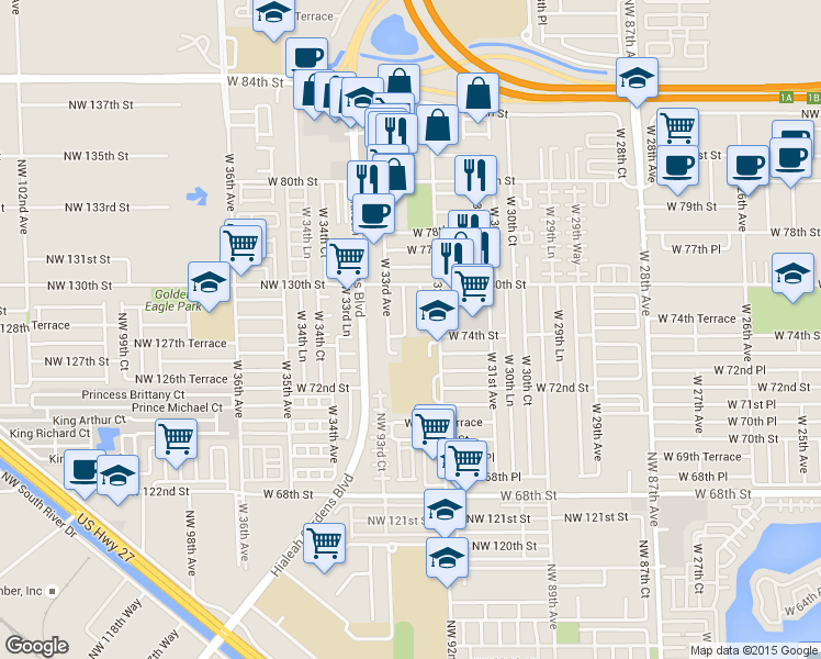 map of restaurants, bars, coffee shops, grocery stores, and more near 7415 West 32nd Lane in Hialeah