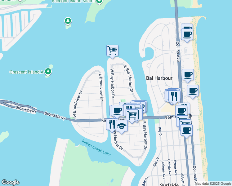 map of restaurants, bars, coffee shops, grocery stores, and more near 1175 99th Street in Bay Harbor Islands