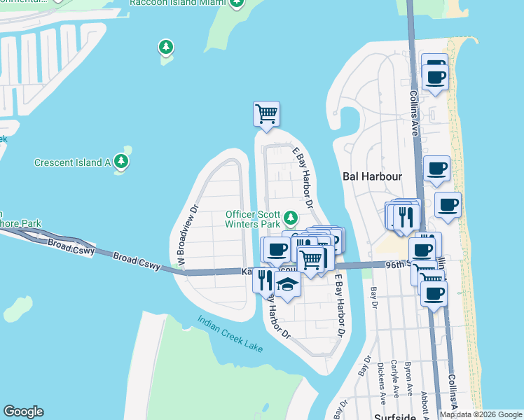 map of restaurants, bars, coffee shops, grocery stores, and more near 1175 99th Street in Bay Harbor Islands