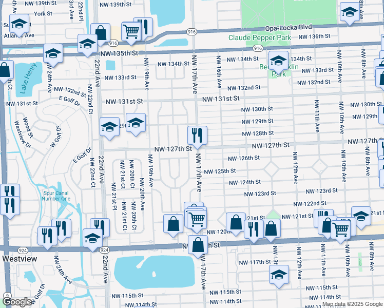 map of restaurants, bars, coffee shops, grocery stores, and more near 12615 East Randall Park Drive in Miami