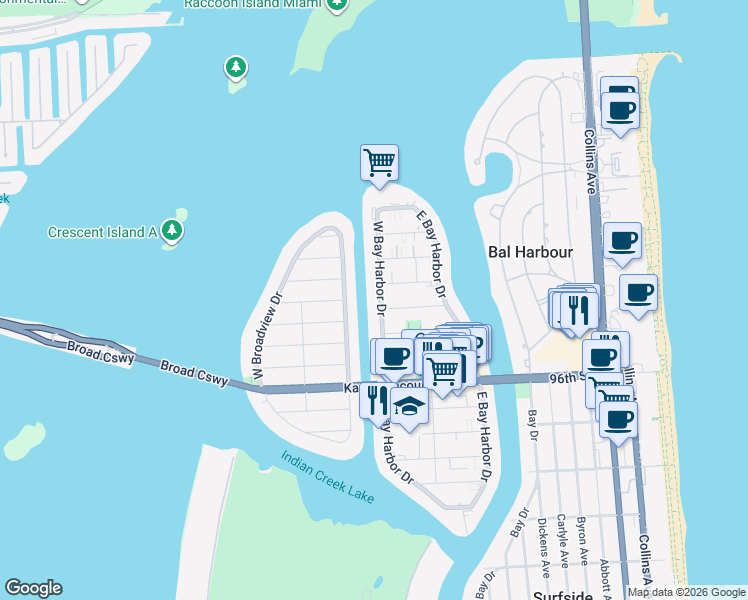 map of restaurants, bars, coffee shops, grocery stores, and more near 9940 West Bay Harbor Drive in Bay Harbor Islands