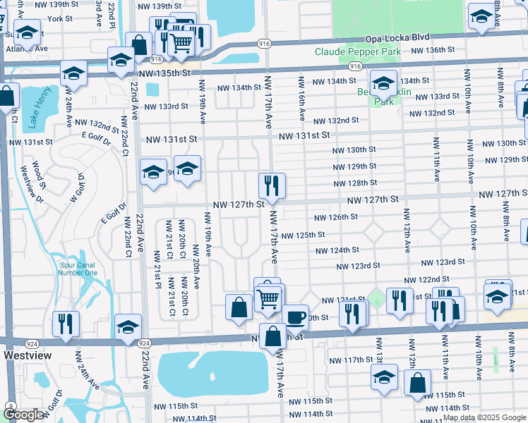 map of restaurants, bars, coffee shops, grocery stores, and more near 12615 East Randall Park Drive in Miami