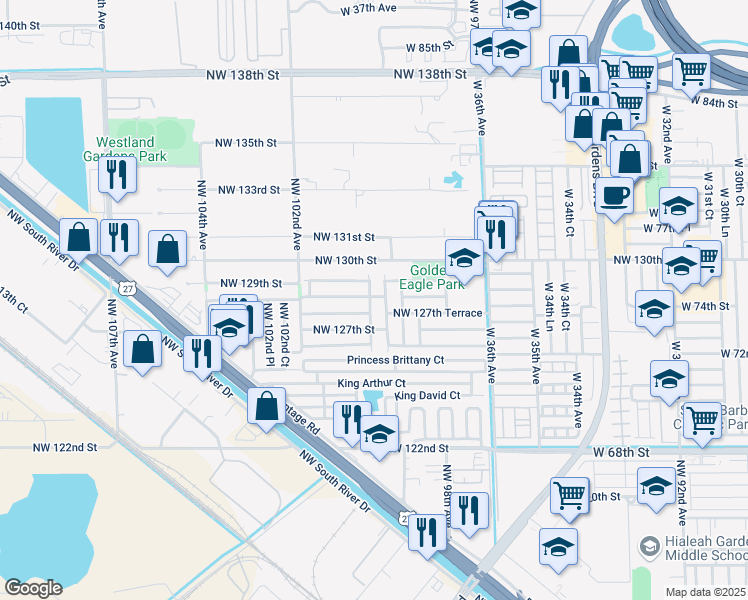 map of restaurants, bars, coffee shops, grocery stores, and more near 12797 Northwest 99th Place in Hialeah Gardens