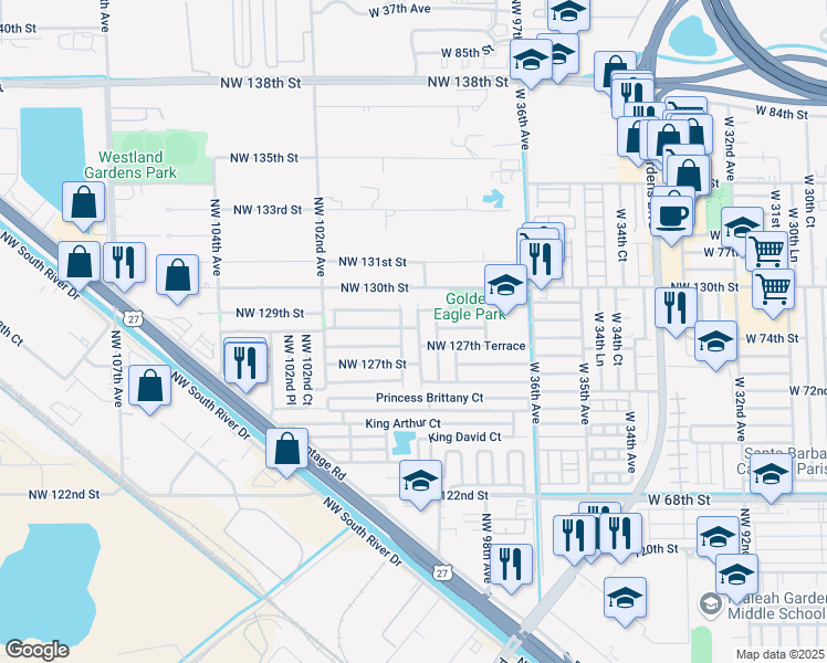 map of restaurants, bars, coffee shops, grocery stores, and more near 12797 Northwest 99th Place in Hialeah Gardens