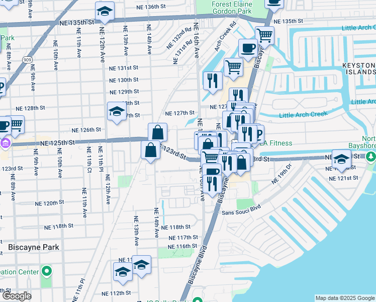 map of restaurants, bars, coffee shops, grocery stores, and more near 1550 Northeast 124th Street in North Miami