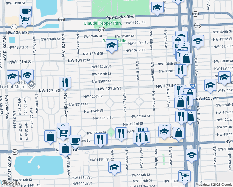 map of restaurants, bars, coffee shops, grocery stores, and more near 1245 Northwest 126th Street in North Miami