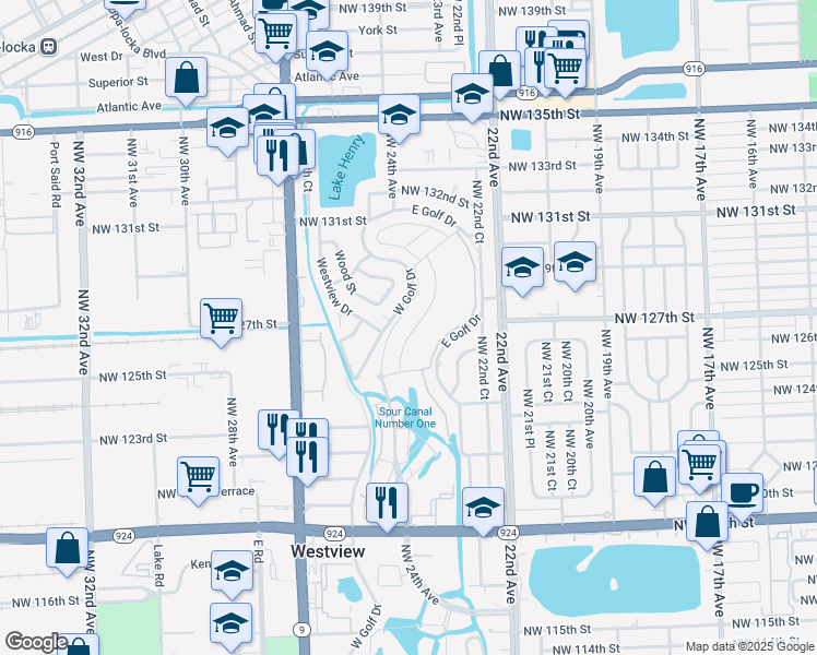 map of restaurants, bars, coffee shops, grocery stores, and more near 12640 West Golf Drive in Miami