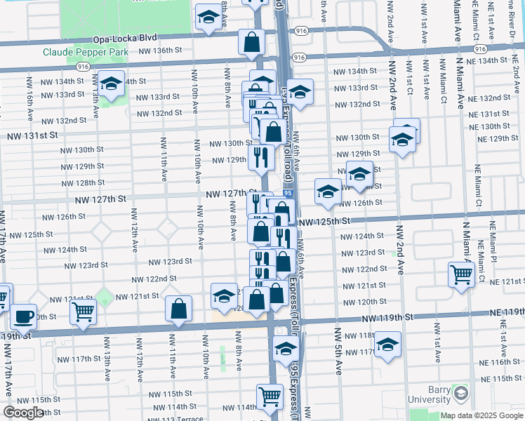 map of restaurants, bars, coffee shops, grocery stores, and more near 12550 Florida 7 in North Miami
